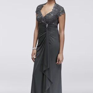 Betsy & Adam Gunmetal formal gown with Gathered Jersey Dress w Scalloped Lace 14